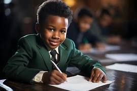 Young student in a green uniform writing in a classroom.
